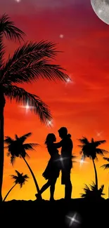 Romantic silhouette under palm trees at sunset with moon and stars.