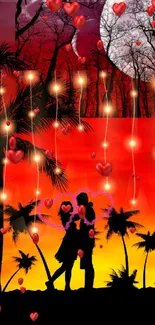 Romantic silhouette of a couple under a vibrant orange sunset with palm trees.