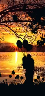 Romantic couple silhouette at sunset by the lake, surrounded by nature.