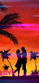 Romantic sunset silhouette with palm trees and couple.