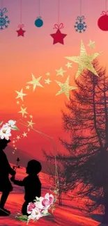 Silhouettes of children under a sunset with stars and floral accents.