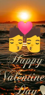 Romantic sunset wallpaper with kissing emojis and Valentine's text.