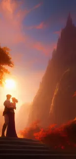 Romantic couple silhouette at sunset in a valley.