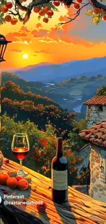 Romantic sunset view over vineyard with wine and fruits.