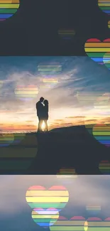 Romantic couple silhouette at sunset with rainbow heart overlay.