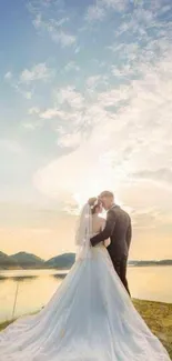 Romantic couple embraces by a serene sunset lake.