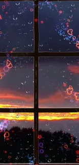 Heart-themed sunset wallpaper with raindrops on a window pane.