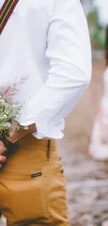 Romantic couple with hidden flowers in an outdoor setting.