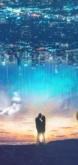 Romantic couple under surreal night sky with city and planets.