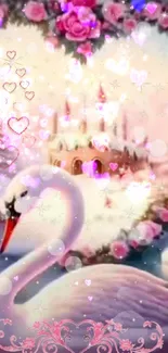 Romantic swan and castle wallpaper with pink floral heart.