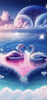 Two swans on a heart-shaped lake in a dreamy celestial landscape.