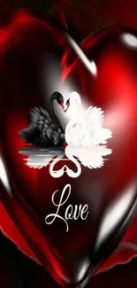 Romantic red heart wallpaper with swans and the word 'Love'.