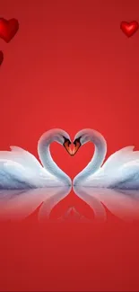 Romantic swan heart wallpaper with red background and floating hearts.