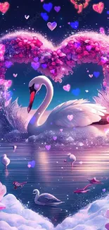 Swan with pink floral heart on a tranquil water background.