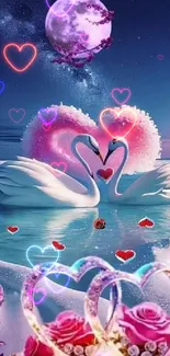 Romantic swans form heart surrounded by roses and a pink moon.