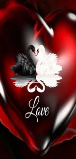 Romantic swan heart with vibrant red background.