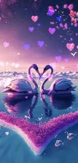 Romantic swans on a lake during sunset with a heart-shaped island in vibrant hues.