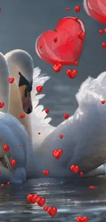 Elegant swans with red hearts mobile wallpaper.