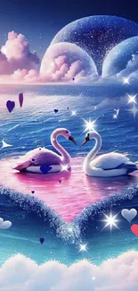 Romantic swans on a heart-shaped lake under a dreamy, starry sky.