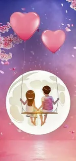 Couple on swing with heart balloons under moonlight.