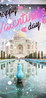 Romantic Taj Mahal Valentine's Day wallpaper with blue reflections.