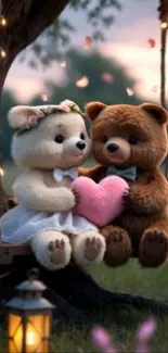 Teddy bear couple with pink heart on a swing.
