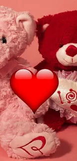 Two teddy bears with heart design on pink background.