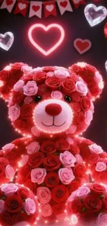 Teddy bear covered in roses with heart decorations.