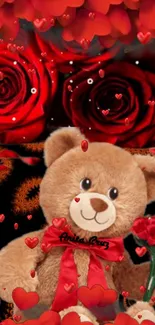 Romantic teddy bear with roses and hearts wallpaper.