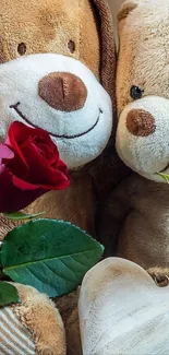 Teddy bears holding red roses with a wooden heart.
