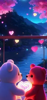 Cute teddy bears under cherry blossoms by river.