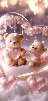 Heart-shaped decor with teddy bears and pink roses.