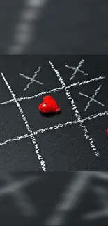 Romantic tic tac toe with red hearts on a dark background.