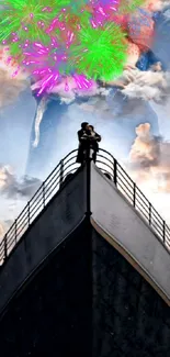 Romantic Titanic love scene with cloudy sky.