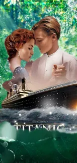 Titanic movie scene with romantic couple and ship in a green forest background.