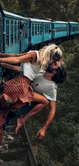 Couple kissing on a train with scenic greenery in the background.