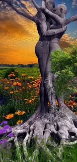 Tree-shaped lovers embrace amid vibrant flowers.