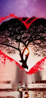 Vibrant tree silhouette with heart design against a pink and red sky.