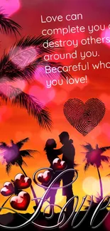 Romantic sunset wallpaper with couple silhouette and heart designs.