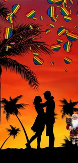 Romantic sunset silhouette with tropical palm and colorful motifs.