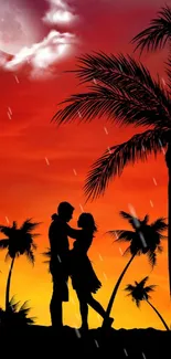 Romantic sunset with moon and palm trees