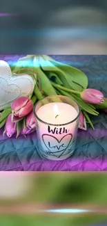 Romantic wallpaper with tulips and a candle.