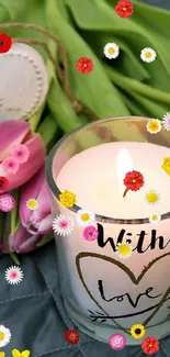 Romantic candle with pink tulips and heart on gray background.