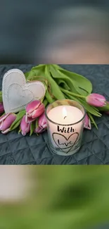 Romantic wallpaper with pink tulips, candle, and heart decorations.