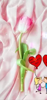 Romantic pink tulip and couple illustration on Valentine's wallpaper.