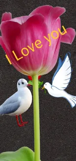 Romantic tulip wallpaper with birds and 'I love you' text.