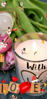 Romantic scene with pink tulips and a lit candle featuring the word Love.