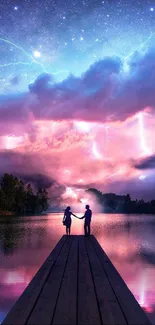 Couple at twilight by a serene lake, under vibrant skies.