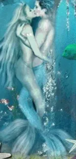 A romantic scene of mermaids kissing underwater.