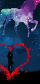 Silhouette of a couple with a unicorn and galaxy sky as wallpaper.